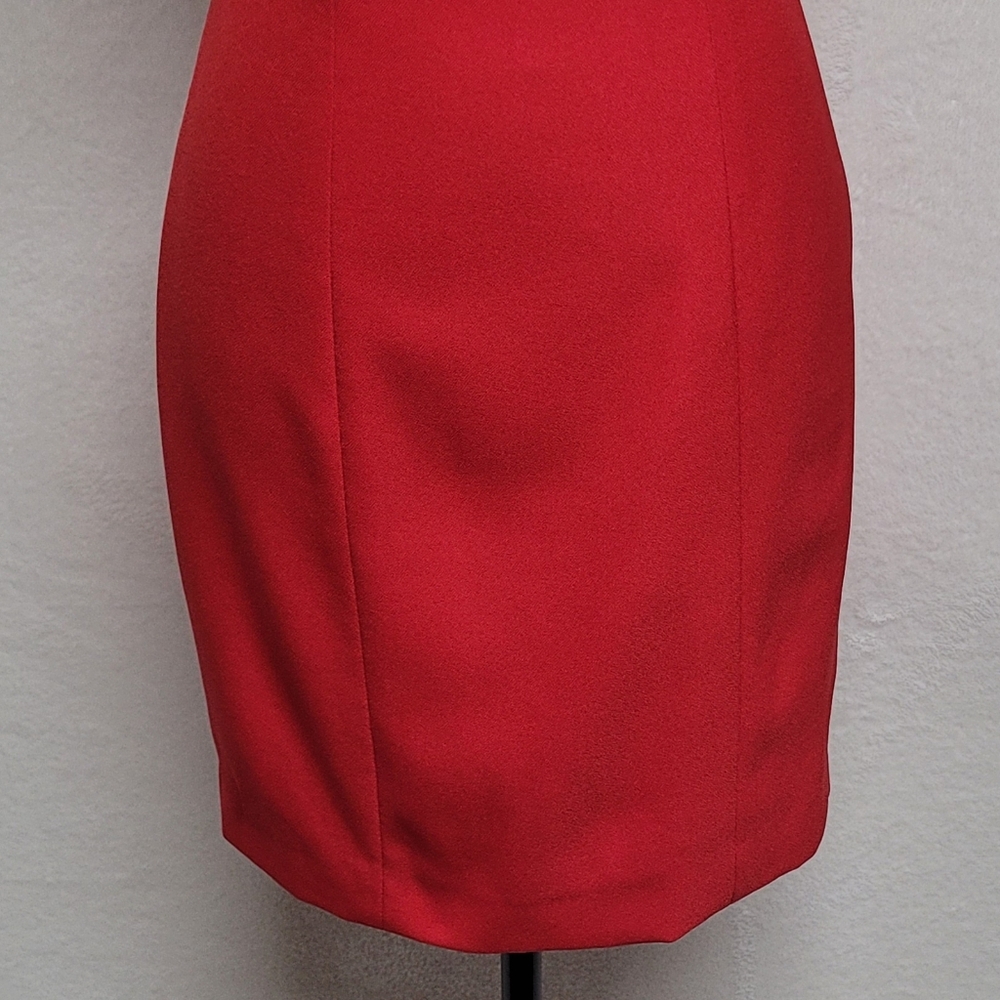 Deborah Laws Vintage Red Crepe Gold Rhinestone Bow Brooch Bodycon Mini Dress 2 - Picture 5 of 11